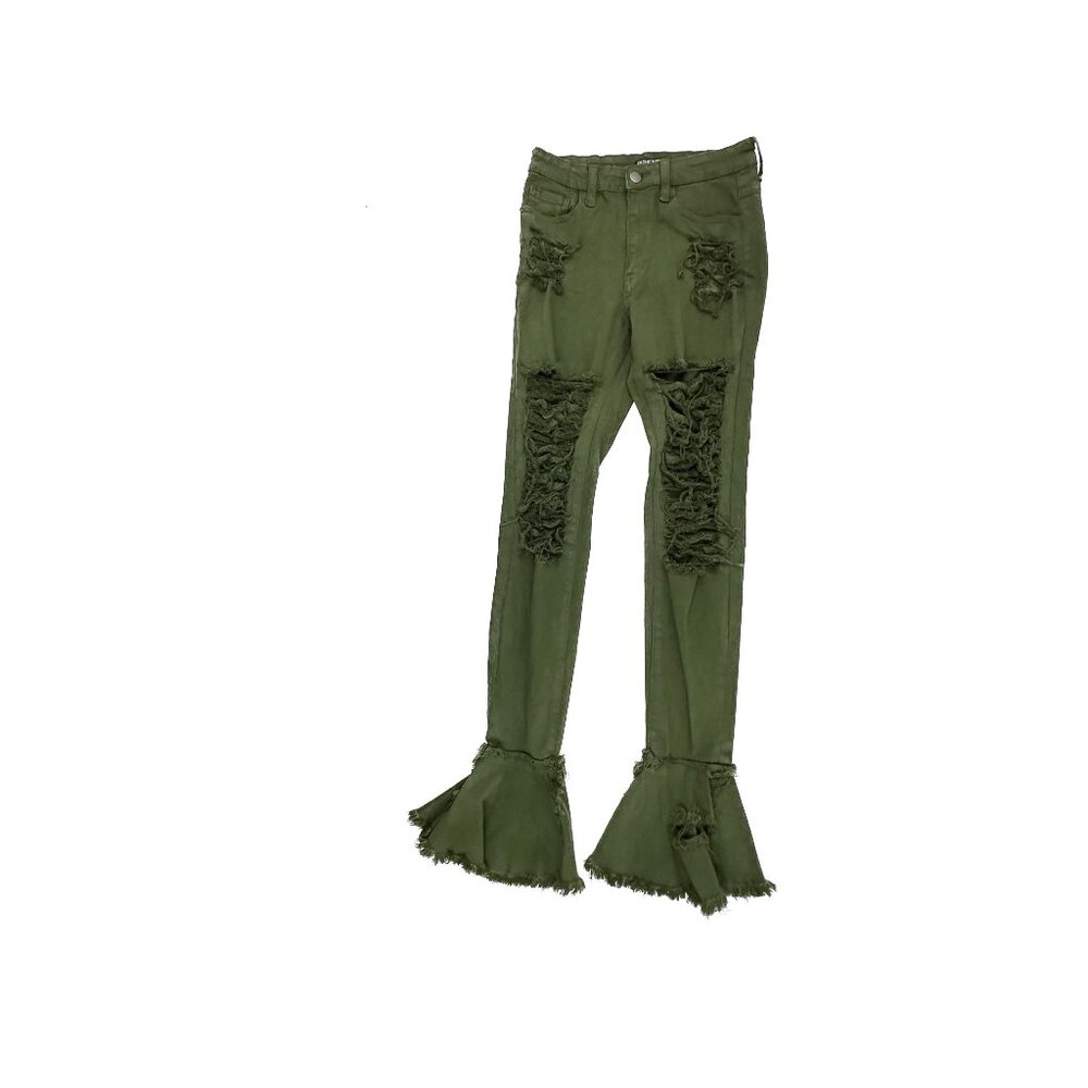 Fashion Nova Distressed Flare Women's size 5 Dark Wash Green Denim Jeans